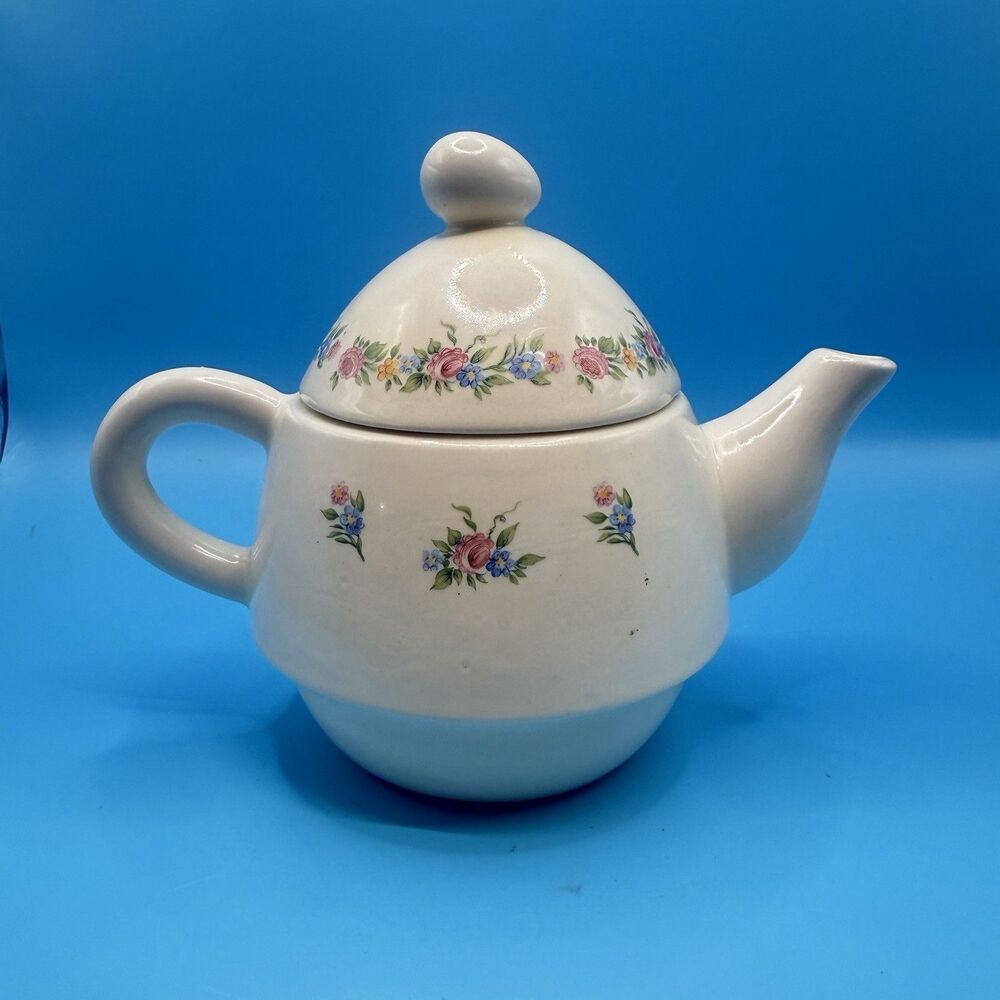 Vintage Floral Ceramic Teapot Pink Blue Roses Cottagecore Lidded Tea Pot AS IS